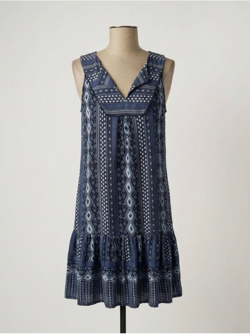 Style & Co. Navy Printed V-Neck Ruffle-Hem Mini Dress